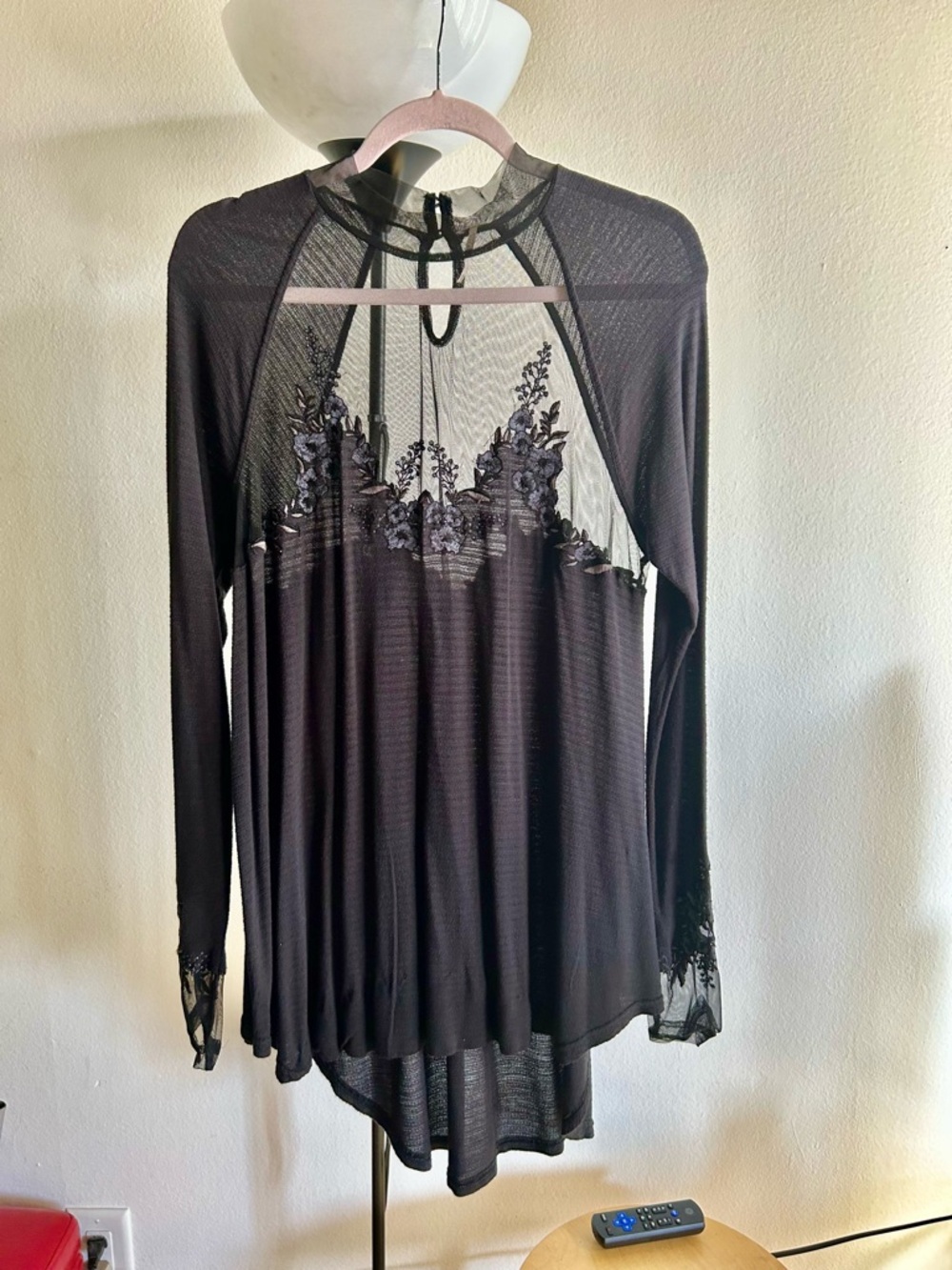 Free People Black Lace-Embellished Long Sleeve Tee